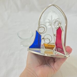 Stained Glass Nativity Votive Candle Holder Christmas Holiday Etched Silver